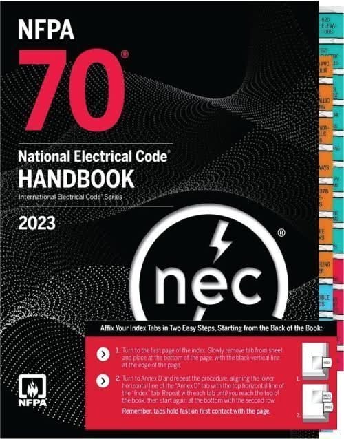 NFPA 70 National Electrical Code Handbook 2023 by Litno Books, open electrical code book with detailed NEC guidelines.