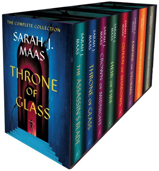 Eight-book Throne of Glass box set by Litno Books, featuring hardcover fantasy novels with intricate cover art.