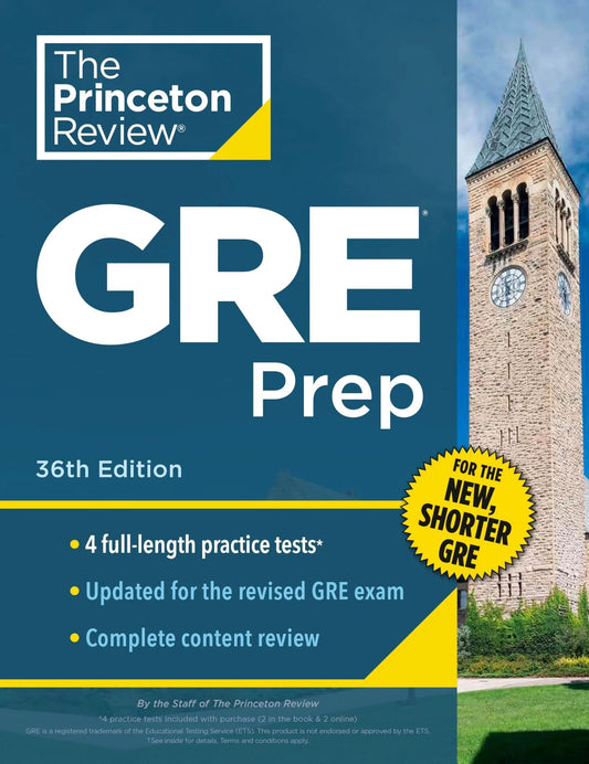 Litno Books Princeton Review GRE Prep 36th Edition book with practice tests, review techniques, and online features displayed.
