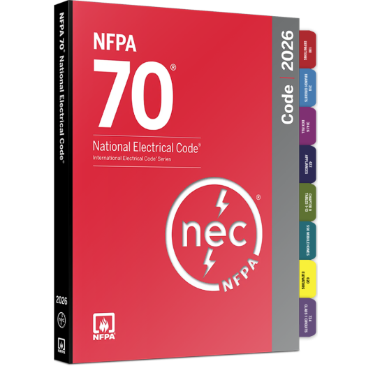 NFPA 70 2026 NEC paperback book with color-coded tabs for Journeyman and Master exam prep by Litno Books.